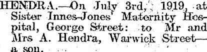 Hendra. Alexander.   Birth Notice. Marlborough Express. 4 July 1919. Page 4.gif